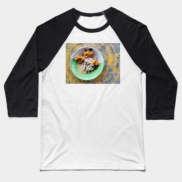 Thai street food. Asian yellow egg noodle with chicken and shrimp on cement background. Baseball T-Shirt by Nalidsa